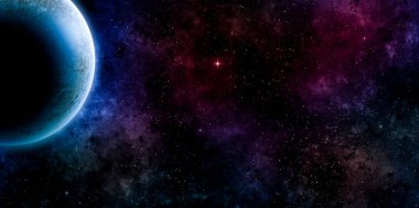 Hayali uzay sahnesi. Dünya benzeri bilinmeyen gezegen, nebula ışıkları ve parlayan yıldızlar.