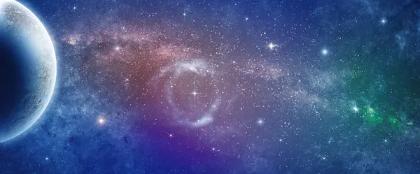 Bilinmeyen gezegen, nebula ışıkları ve uzak galaksi. Karanlık uzayda parlayan yıldızlar. Evrenin arka planı