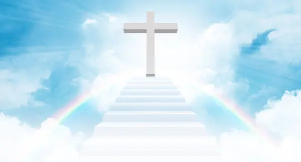 Křesťanský Kříž Cesta Nebe Vzestup Duši Schody Stoupající Světlu Mezi Royalty Free Stock Fotografie