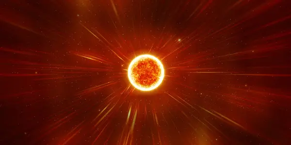 Solar storm, rays spreading into universe. Sun explosion. Shining giant star in dark space.