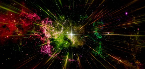 Nebula ışıkları, büyük yıldız patlaması ve ışık hızı. Karanlık uzayda renkli ışıklar.