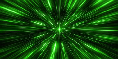 Hiper atlama ve yeşil ışık. Yıldız patlaması. Hız arkaplanı. Yeşil dinamik hareket çizgileri.