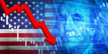 Amerikan ekonomisi. Finansal tablolu ABD bayrağı. Kırmızı ok Franklin 'in portresini işaret ediyor. Ekonomik kriz ve durgunluk. Finansal konsept arkaplan resmi.