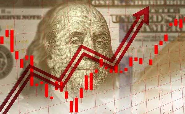 Vycházející Červený Šíp Portrét Franklina Burzovní Graf Pozadí Peníze Ekonomická Royalty Free Stock Obrázky