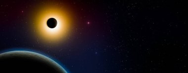 Güneş tutulması, ay güneş ışınlarını engelliyor. İnanılmaz bir bilimsel fenomen. Evren, parlayan yıldızlar ve sonsuz uzay.