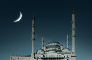 İslami arka plan fotoğrafı. Gece gökyüzünde parlayan hilal, cami manzarası. İslam bayramları ve tebrik kartları için arkaplan resmi.