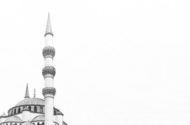 Cami eli çizilmiş. Sosyal medya gönderileri, tasarım ögesi ve İslami bayram tebrik kartı için cami arkaplan resmi
