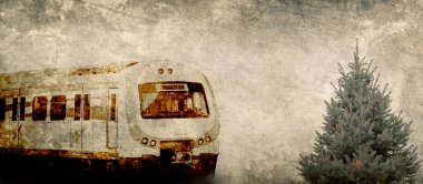 Old train locomotive and pine tree. Railway concept with vintage toning. 3D wallpaper design.