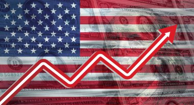 Amerikan bayrağı arka planında yükselen kırmızı ok