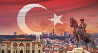 Türkiye 'nin başkenti Ankara' nın tanıtım ve turizm konsepti fotoğrafı. Atatürk heykeli, Meclis binası, Türk bayrağı ve Ankara görüşü.