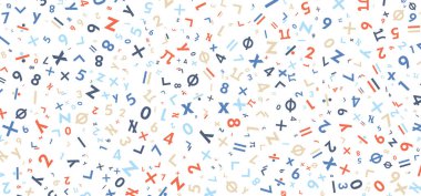 Beyaz arkaplanda renkli rastgele karışık sayılar ve matematik sembolleri.