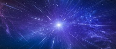 Uzay arkaplanı. Uzayın derinliklerinde parlayan dev bir yıldız. Evrende bir çok yıldız ve nebula ışığı. 