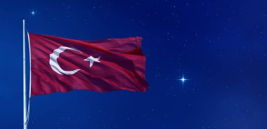 Turk bayragi. Turkish flag waving in the dark blue sky at night and shining stars. clipart