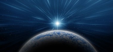 Uzaydan dünya görüşü. Parlayan büyük mavi yıldız ve karanlık uzayda ışınlar.