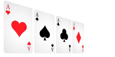 Beyaz arkaplanda izole edilmiş dört as, dikey görünüm oyun kartları. 
