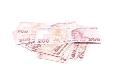 Beyaz arka planda 200 Türk YTL. Türkiye 'nin kağıt parası. Türk lirası, ekonomi, enflasyon ve para krizi konsepti fotoğrafı.