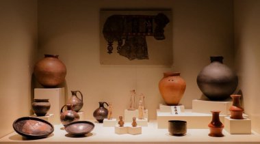 İnsan figürleri, kil kaplar, çömlek ve arkeolojik kalıntılar. Ankara Anadolu Medeniyetler Müzesi. 