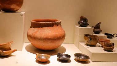 Çamur damarları, kaseler, arkeolojik kalıntılar. Ankara Anadolu Medeniyetler Müzesi.