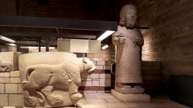 Ankara Anadolu Medeniyetler Müzesi. Kükreyen bir aslan ve büyük bir insanın taş oymaları. Arkeolojik tarihi kalıntılar. 