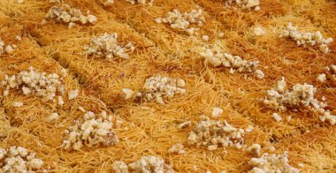 Cevizli kadayif tatlisi. Walnut Kadayif 'in tam kare fotoğrafı. Kadayif, Osmanlı mutfağındaki pekçok şuruplu tatlının yaygın adıdır.. 