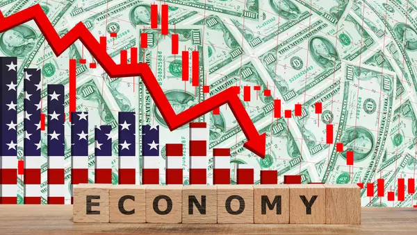 Amerika ekonomisi yeni tarifeler ve kriz konsepti arka plan imajı. Düşen kırmızı ok, grafik ve ekonomi metni.