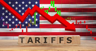 Ticaret savaşları konsepti arka plan görüntüsü. Değişen gümrük vergileri, ithalat, ihracat, fiyatlar ve ekonomi üzerindeki etkileri. ABD bayrağı, grafiği ve tarifesi metni.