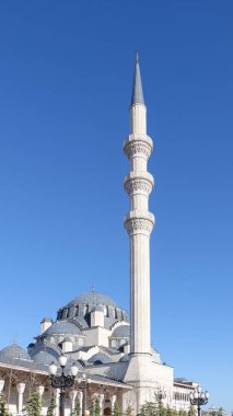 İslami ibadetin yapıldığı büyük bir cami. Tek bir minaresi olan büyük kubbeli bir caminin dikey görüntüsü.