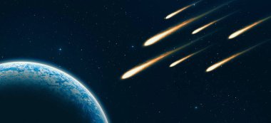 Birçok meteor Dünya 'ya yüksek hızda yaklaşıyor. Hayali kıyamet sahnesi.