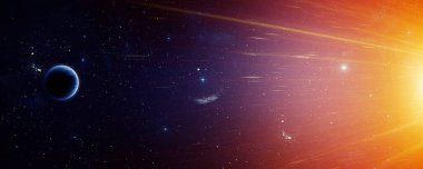 Manyetik güneş fırtınası, güneş patlaması ve güneş ışınları. Dünya gezegeni, yıldızlar ve uzaydan gün doğumu görüntüsü.