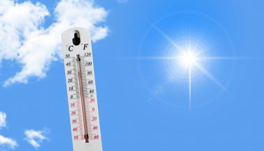 Termometre, güneşli mavi gökyüzünde hava sıcaklığı gösteriyor. Yaz mevsimi aşırı sıcak..