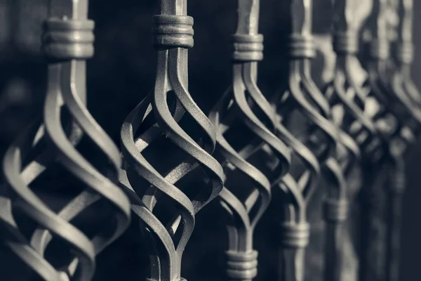 Siyah ferforje ön bahçe. Dövme çelikten yapılmış metal çit. Yakın çekim. 