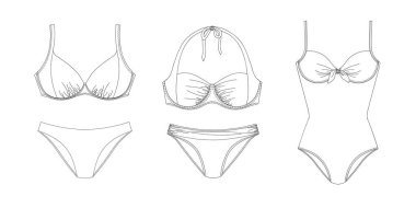 Woman swimwear, technical drawing, template, sketch, flat, mock up. Recycled PA, Recycled PES, Lycra fabric swimwear front view, white color