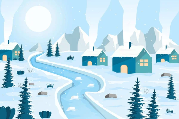 Inverno Aldeia Paisagem Ilustração Com Montanhas Fundo — Vetor de Stock