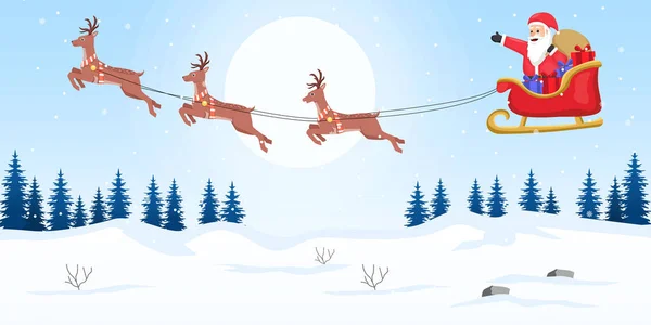 Papai Noel Montando Cervos Voadores Sobre Paisagem Inverno — Vetor de Stock