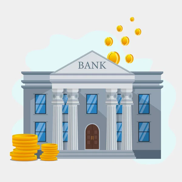 Plochý Design Bankovní Budova Zlatými Mincemi — Stockový vektor