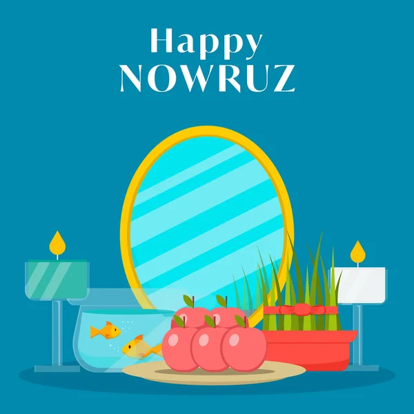 Flat Design Happy Nowruz Illustration Apple Candles Grass Mirror Aquarium — Stok Vektör
