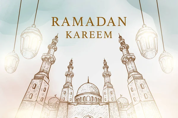 Mão Desenhada Ramadã Kareem Fundo Ilustração Com Mesquita Lanternas — Vetor de Stock