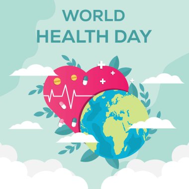Dünya Sağlık Günü illüstrasyonu Toprak, aşk, haplar ve yapraklarla