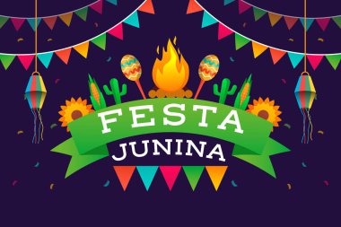 Ateş, maraca, kaktüs ve çiçeklerle süslü bir festival arkaplanı.