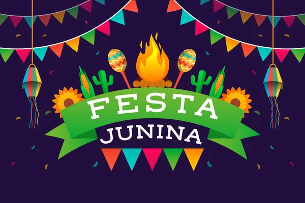 Lutning Festa Junina Bakgrund Med Eld Maraca Kaktus Och Blommor — Stock vektor