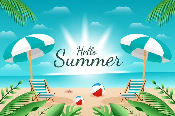 Γεια Καλοκαιρινή Απεικόνιση Ηλιόλουστη Παραλία Σχεδιασμό Φόντου Ομπρέλα Κάθισμα Μπάλες — Διανυσματικό Αρχείο