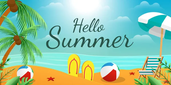 Hello Summer Illustration Slippers Balls Seat Umbrella Starfish Coconut Tree — стоковый вектор