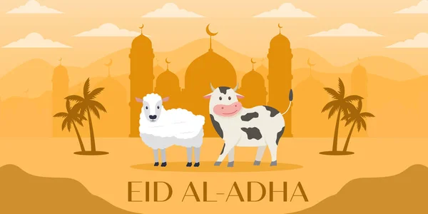 Eid Adha Mubarak Banner Illustratie Met Schapen Koeien Silhouet Moskee — Stockvector