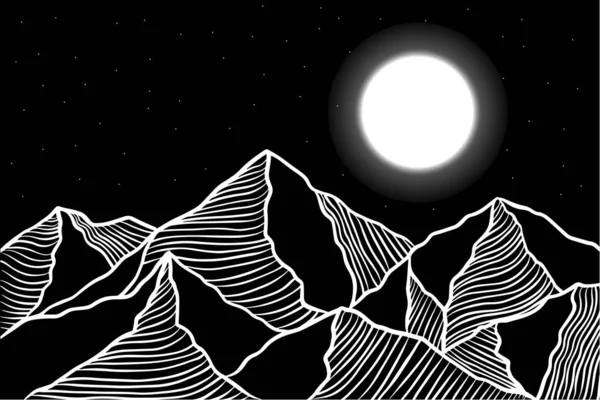 黒と白の山岳線画と満月のイラスト — ストックベクタ