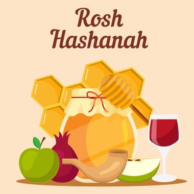 Elma, nar ve bal içeren vektör düz tasarım rosh hashanah illüstrasyonu