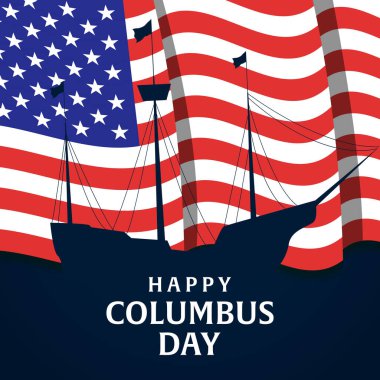 Siluet gemisi ve Amerikan bayrağıyla mutlu Columbus Günü çizimleri
