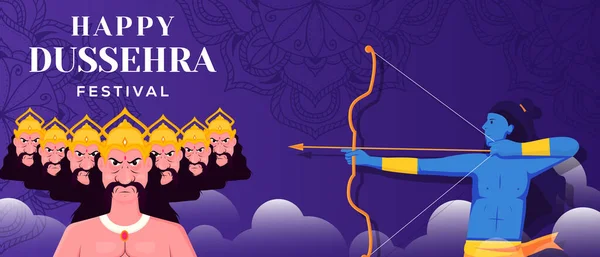 Feliz Dussehra Festival Bandeira Horizontal Com Rama Ravana — Vetor de Stock