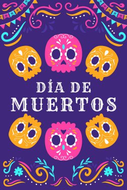 El çizimi düz dia de muertos dikey afiş illüstrasyonu