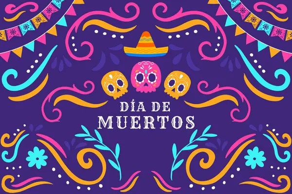 Handgetekende Platte Dia Muertos Illustratie Achtergrond — Stockvector
