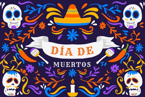 Handgetekende Dia Muertos Horizontale Banner Illustratie Met Ornamenten — Stockvector